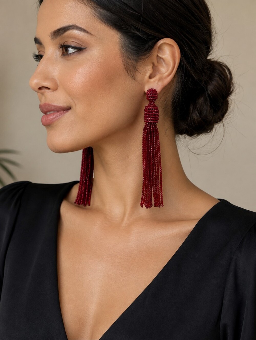 Red Beaded Tassel Drop Earrings